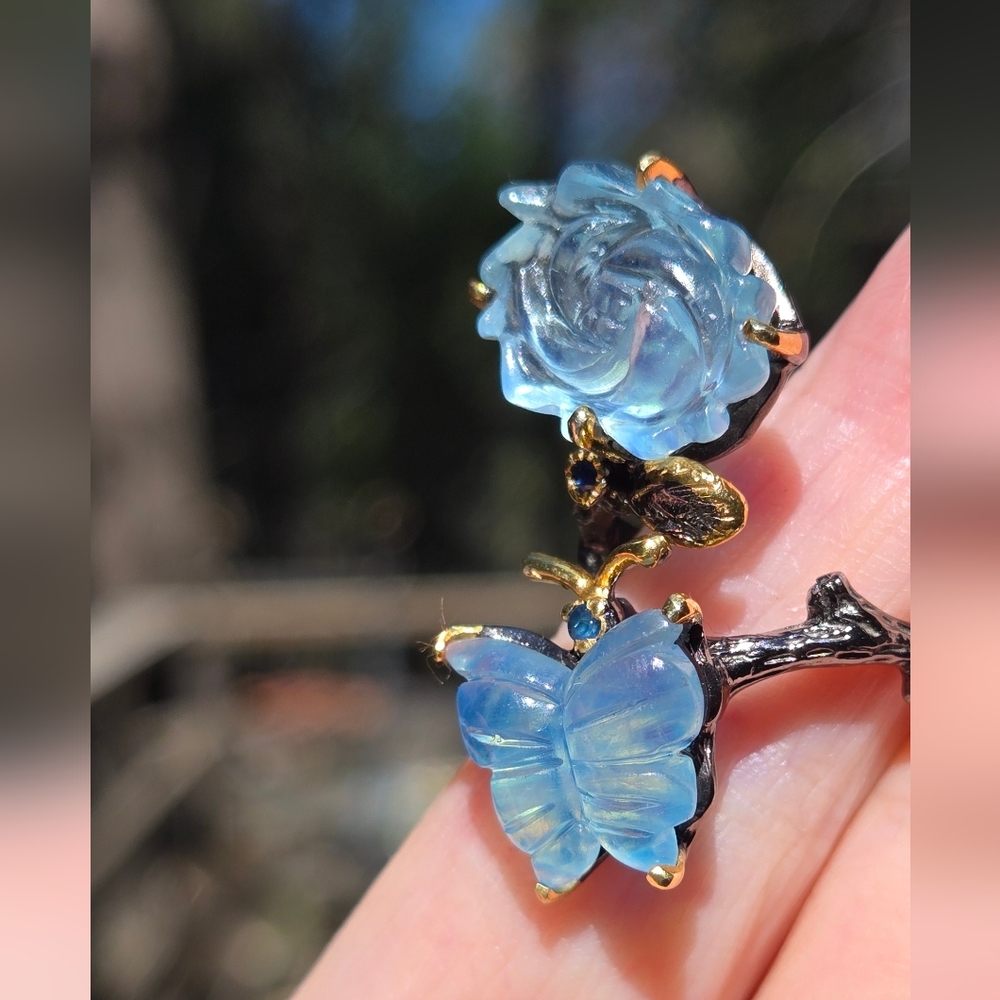Aquamarine Butterfly & Flower Sterling Rhodium & Gold Ring Sz9 Adjustable - Picture 10 of 14